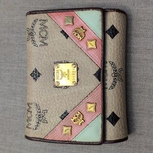 Authentic MCM Visetos Trifold Beige and Pink Leather Wallet with COA